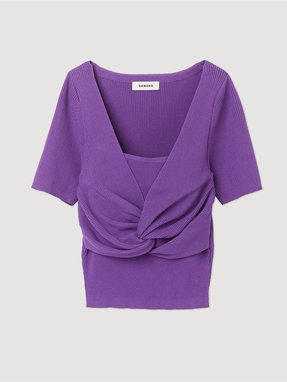 Sandro Violet Knot-Front Ribbed Short Sleeve Top